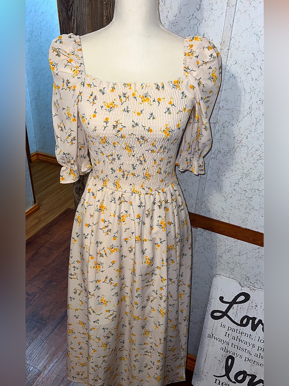 Floral Smocked Maxi Dress | Yellow & Green Flowers | Square Neck | Size S
